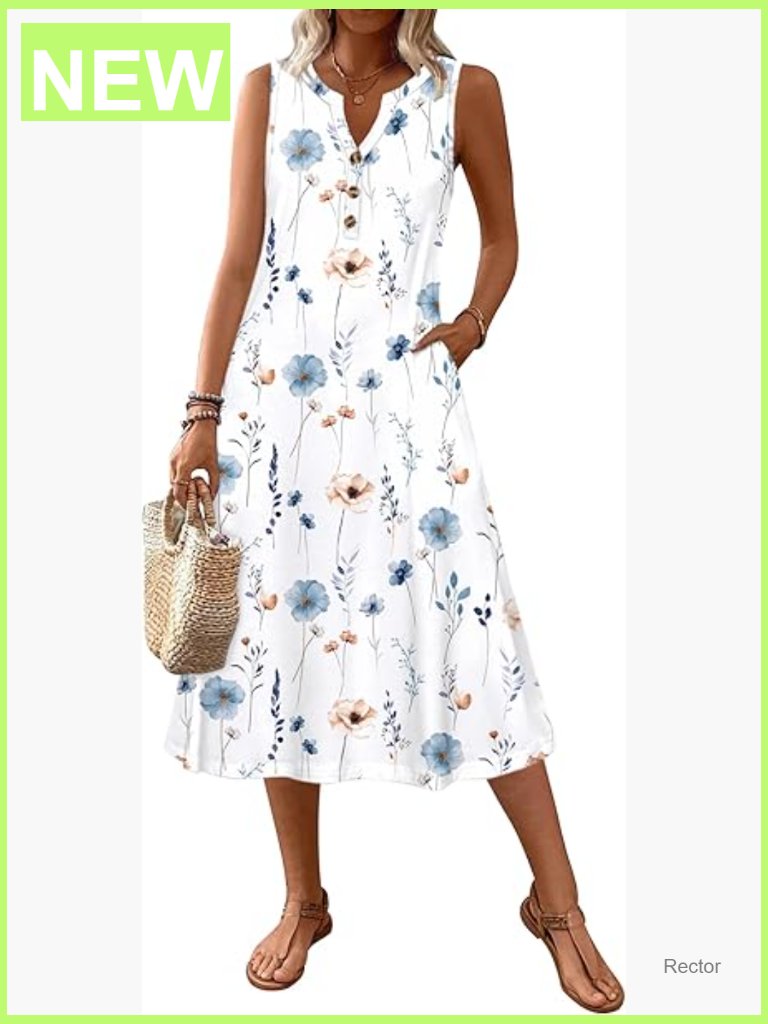 Sleeveless V-Neck Midi Dress With Pockets Boho Floral A-Line Sundress